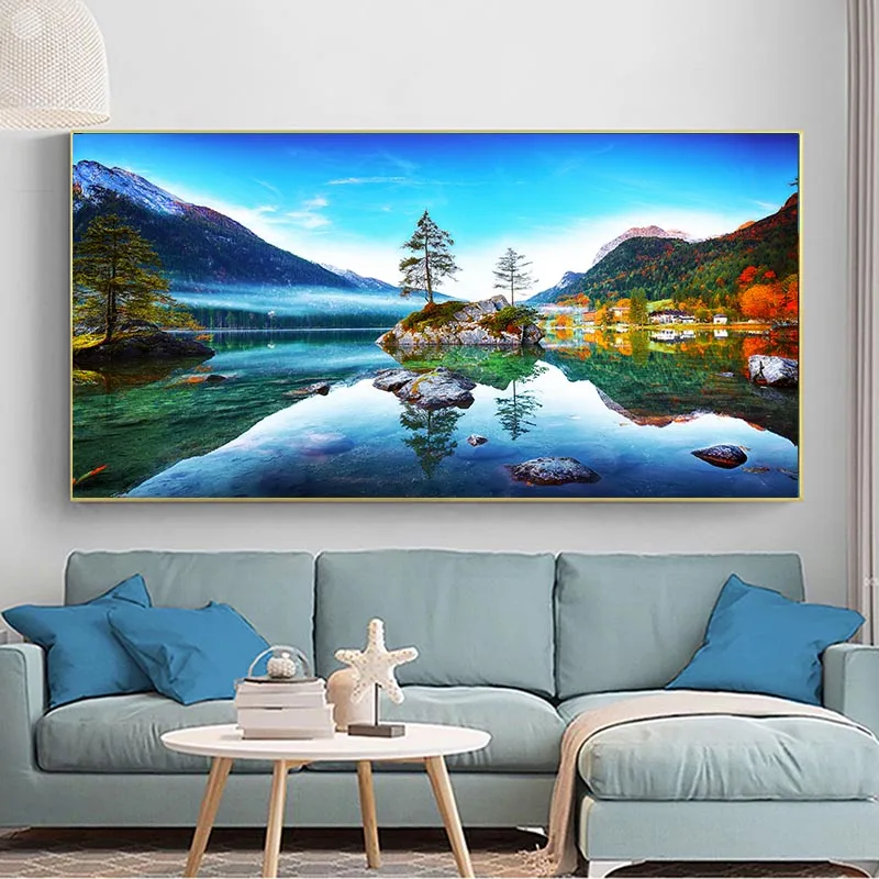 Natural Landscape Posters and Prints Lake Mountain Canvas Painting Wall Art Pictures Home Decoration Sunset Cuadros No Frame