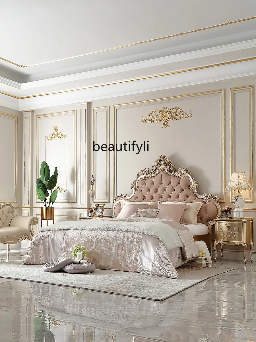 French Style Leather Bed European Style Carved Romantic Princess Bed Wedding Room Double Bed