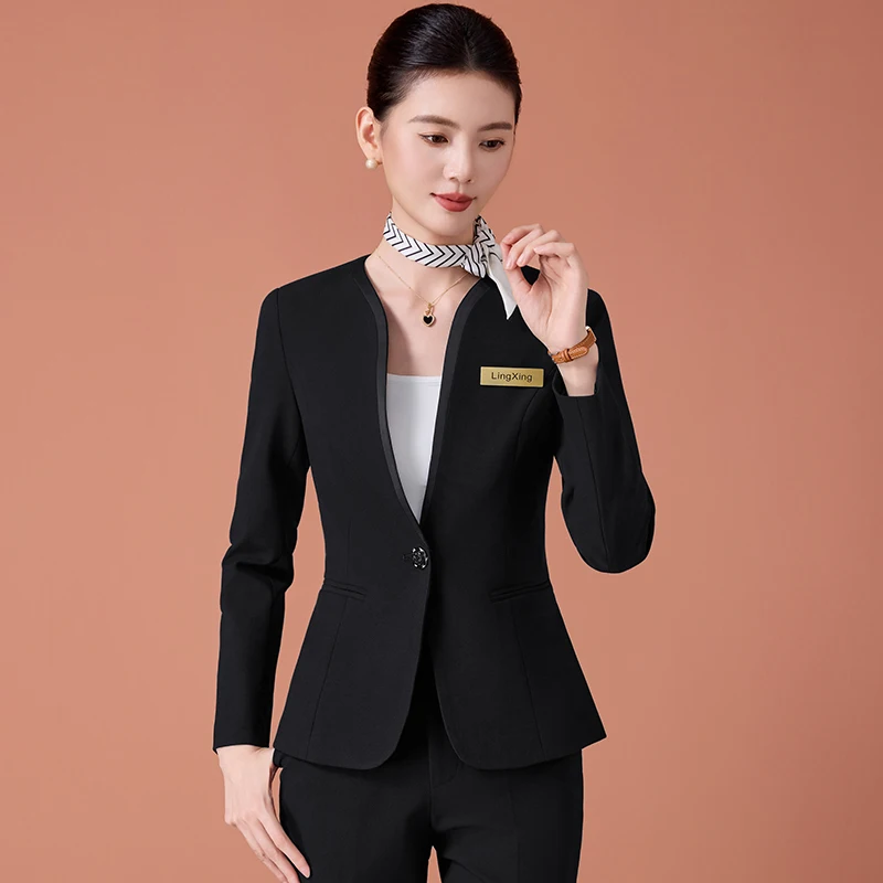 ชุดสูทสีน้ำเงินกรมท่าสำหรับผู้หญิง NAVIU แฟชั่นใหม่ สไตล์ธุรกิจ คอวี แขนยาว ทรงเข้ารูป พร้อมกางเกง ชุดทำงานสำหรับสุภาพสตรี