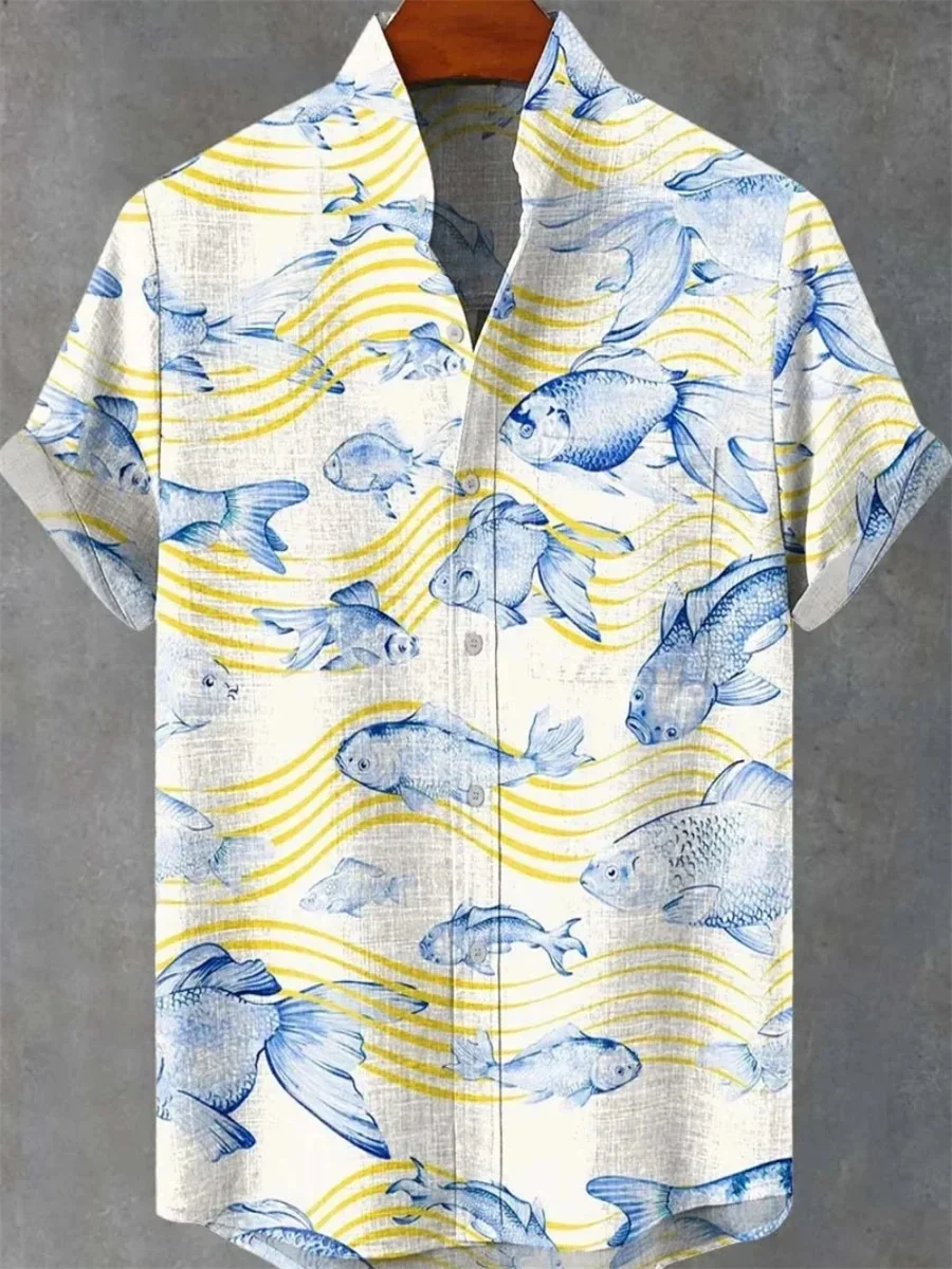 

New summer men's retro 3D art print striped fish pattern casual fashion linen men's stand collar shirt