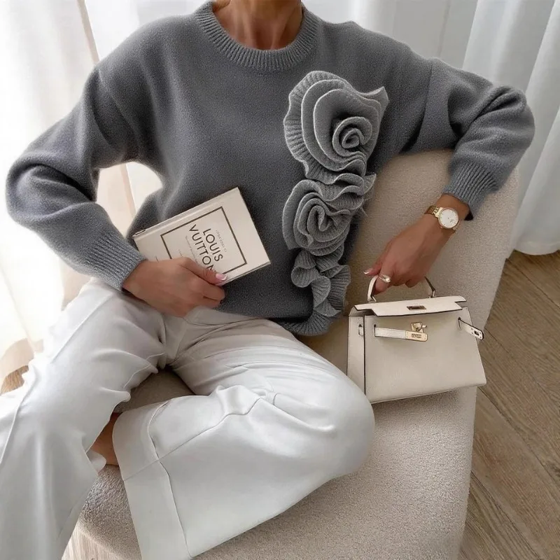 2025 herbst Winter Mode Neue frauen Elegante Gestrickte Kaschmir Pullover Dreidimensionale Blume Farbe Kontrast