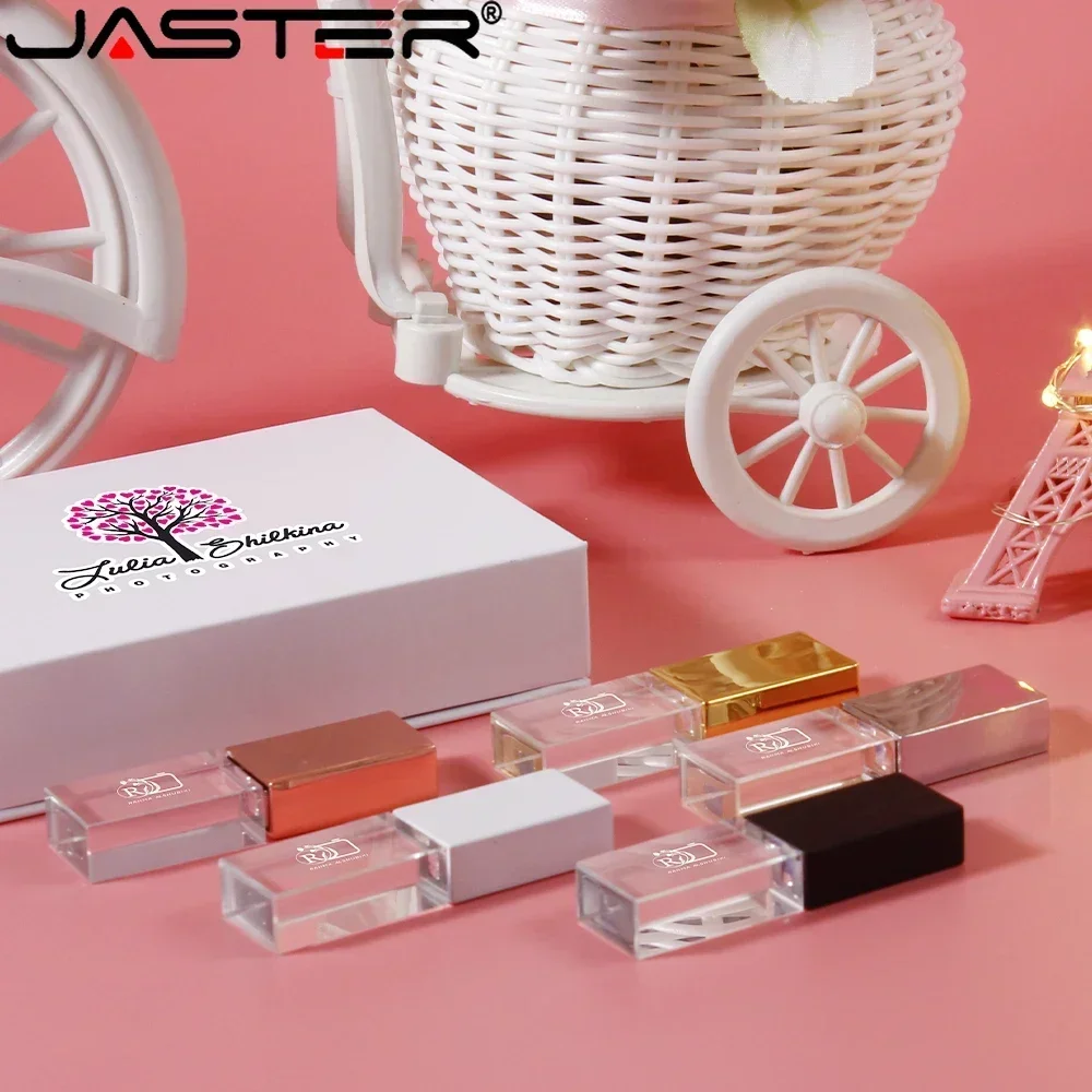 JASTER Rose Gold Crystal Pen Drive2.0 128GB 64GB Gold Crystal 32GB 16GB USB Stick Free Custom Logo White Paper Box Wedding Gifts