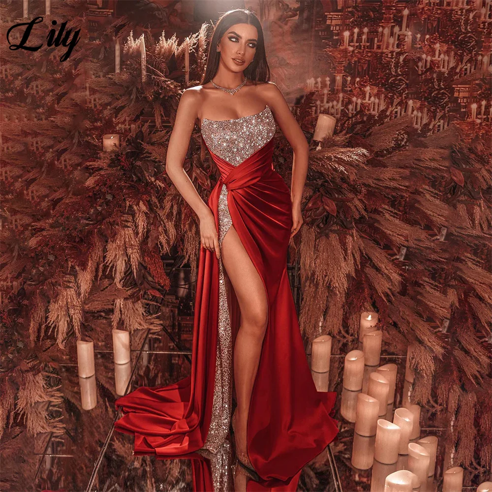 

Lily Sequined Red Mermaid Prom Dresses Side Split Sexy 2024 فساتين سهره Strapless Sleeveless Party Dresses Stain Evening Dress