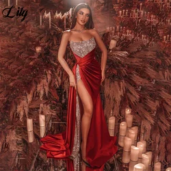 Robes de Rhsirène rouges à paillettes de lys, fente latérale, robes de soirée sexy, robe de soirée en fibre sans bretelles, tache, 2024