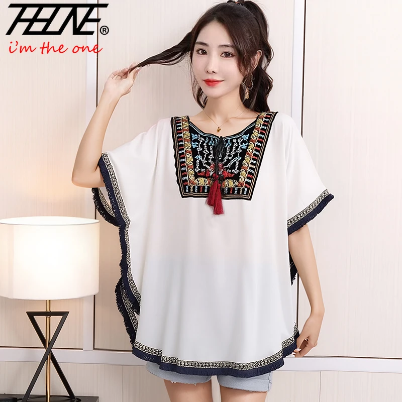 THHONE Sommer Frau T-Shirts Stickerei Indie Folk Koreanische Beiläufige Lose Druck Vintage Mode Batwing Hülse frauen Kleidung Tops