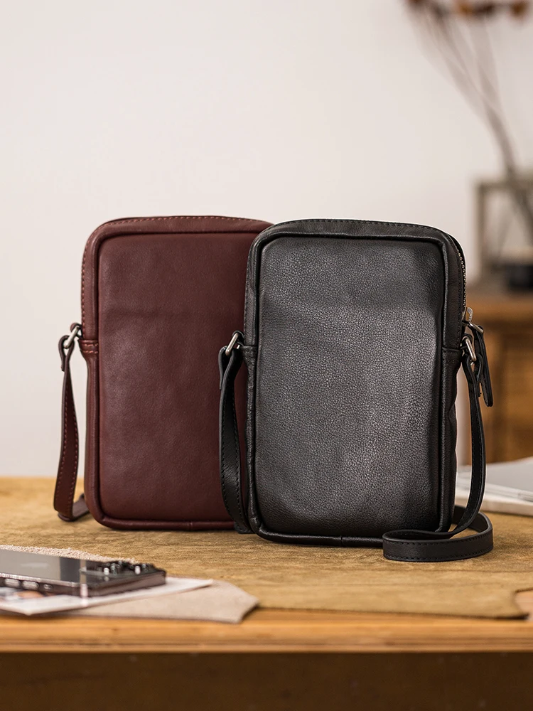 weekend party luxury first layer cowhide men's mobile phone shoulder bag casual daily light genuine leather small crossbody bag