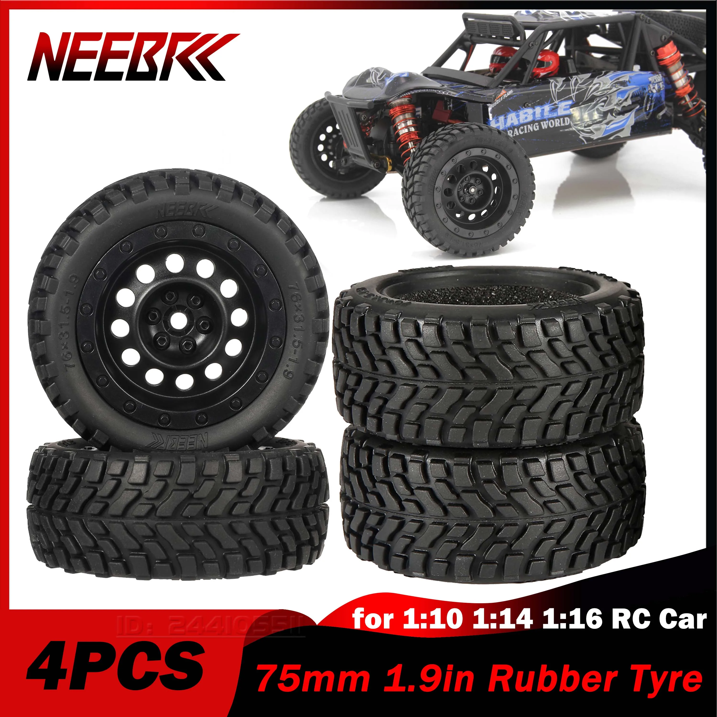 

4PCS 75mm 1.9in Rubber Tyre Tire Plastic Wheel Rim Hub for 1:10 1:14 Car Drift Traxxas TRX-4 HSP HPI Tamiya Kyosho Wltoys 144001