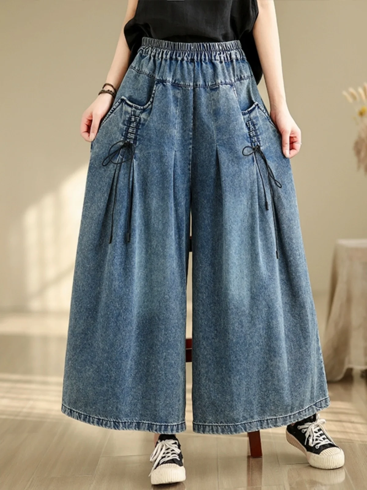 Jeans da donna taglie forti Pantaloni larghi elastici dimagranti casual versatili a gamba dritta Primavera 2025 Pantaloni larghi in denim blu