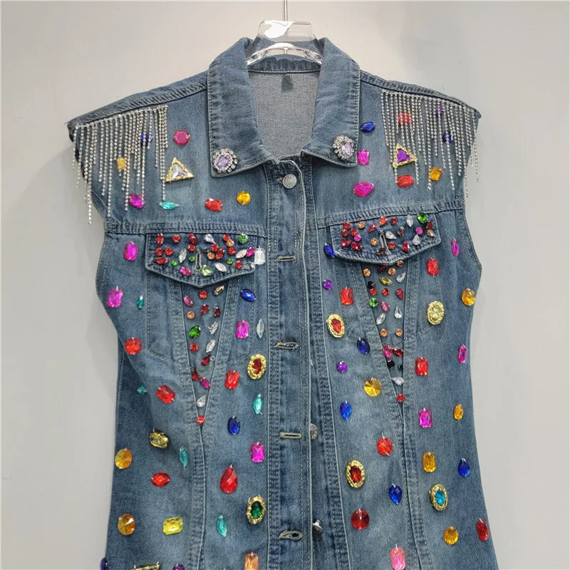 ANJY صيف جديد إمرأة خمر أنيق مطرز الماس أكمام بدوره إلى أسفل طوق واحدة الصدر جيب الدنيم فستان قصير A7767