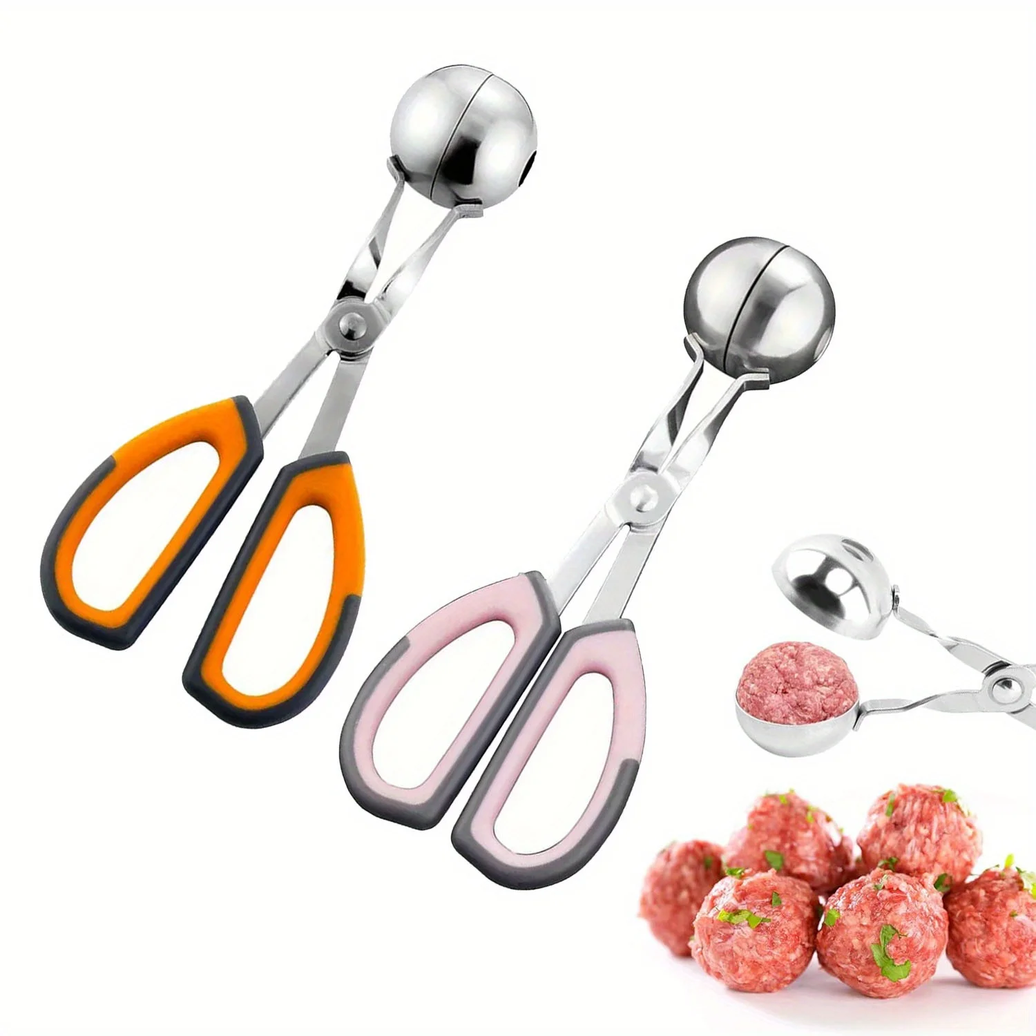 2 Sizes Stainless Steel Meatball Spoon with Anti-Slip Handles, Non-Stick Meat Ballers Ice Cream Rice Ball Clip