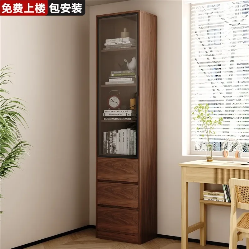 For Solid Wood Bookshelf Floor to Ceiling Shelf with Glass Door Deep Walnut Bookcase Living Room Simple Cabinet Crack Storage