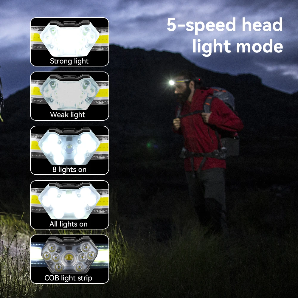 USB Rechargeable Headlamp Portable 9LED Headlight Built-in Battery Torch Portable Working Light Fishing Camping Head Light