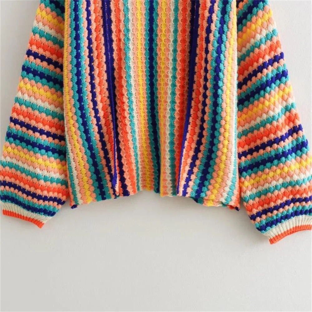 Women Colorful Striped Knitted Cardigan Sweater Vintage Crochet  Rainbow Color Long Sleeve Coats Female Loose Streetwear Tops