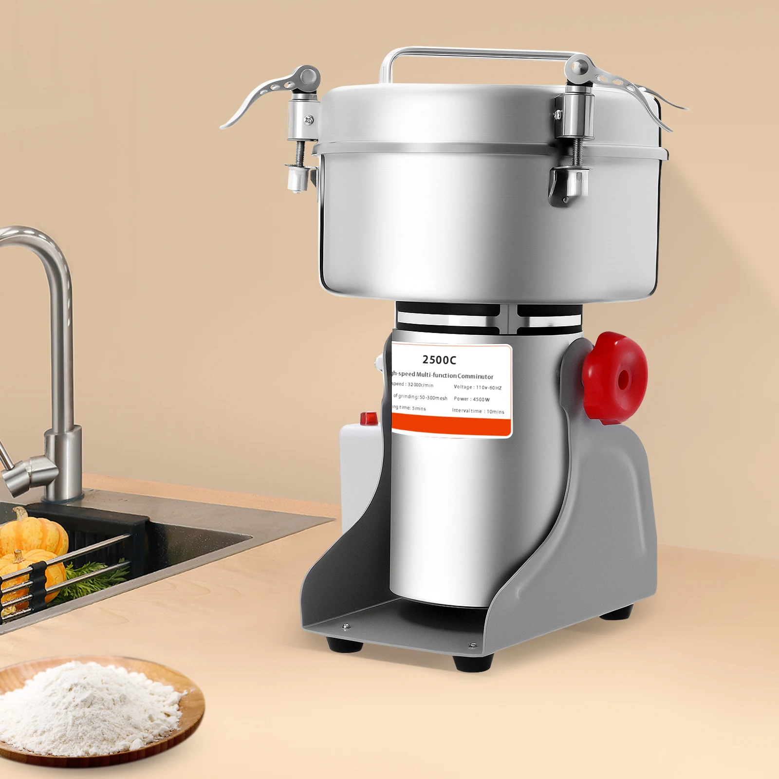 Electric Grain Mill (Grist Mill) with Stainless Steel Grinding Parts, Adjustable Coarseness for Wheat, Corn, Oats, Easy to Clean