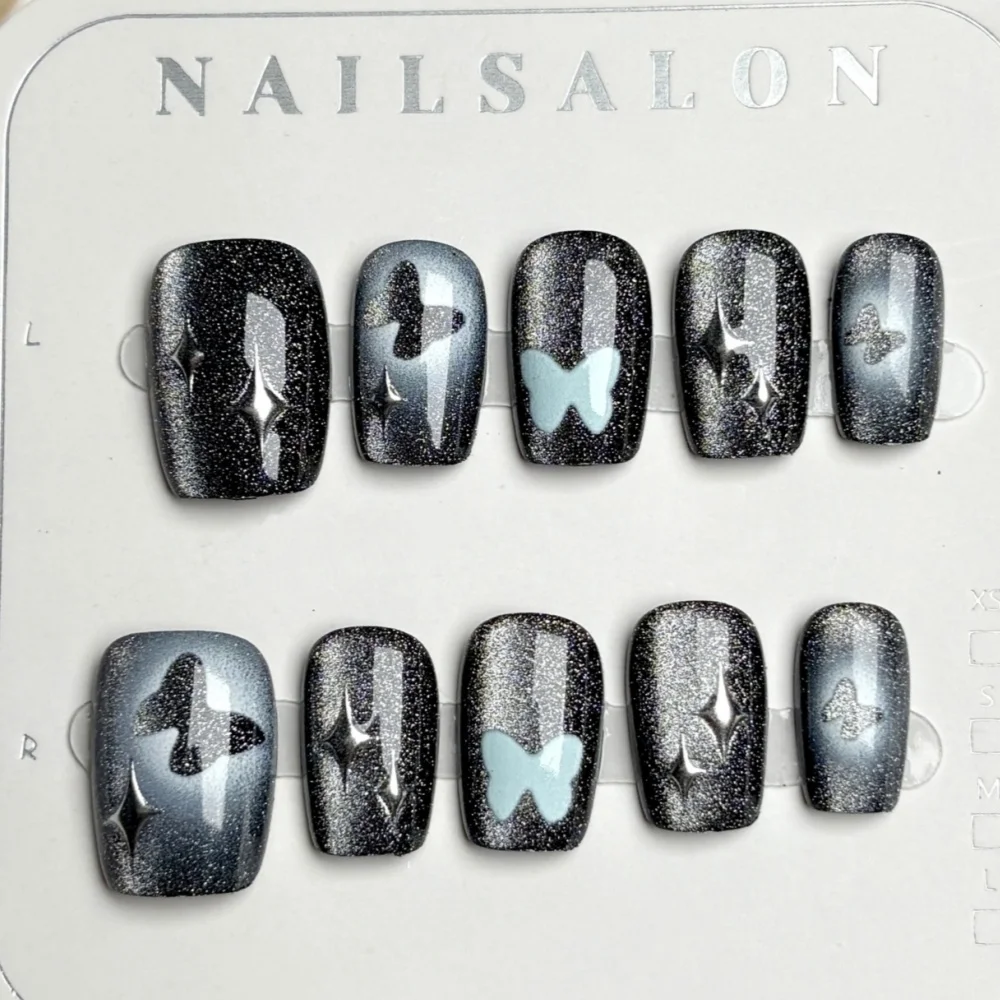 10 stuks Cat's Eye nepnagels schattige zoete zwarte kat volledige dekking nageltips kort ballet druk op nagels sets herbruikbare vierkante valse nagel