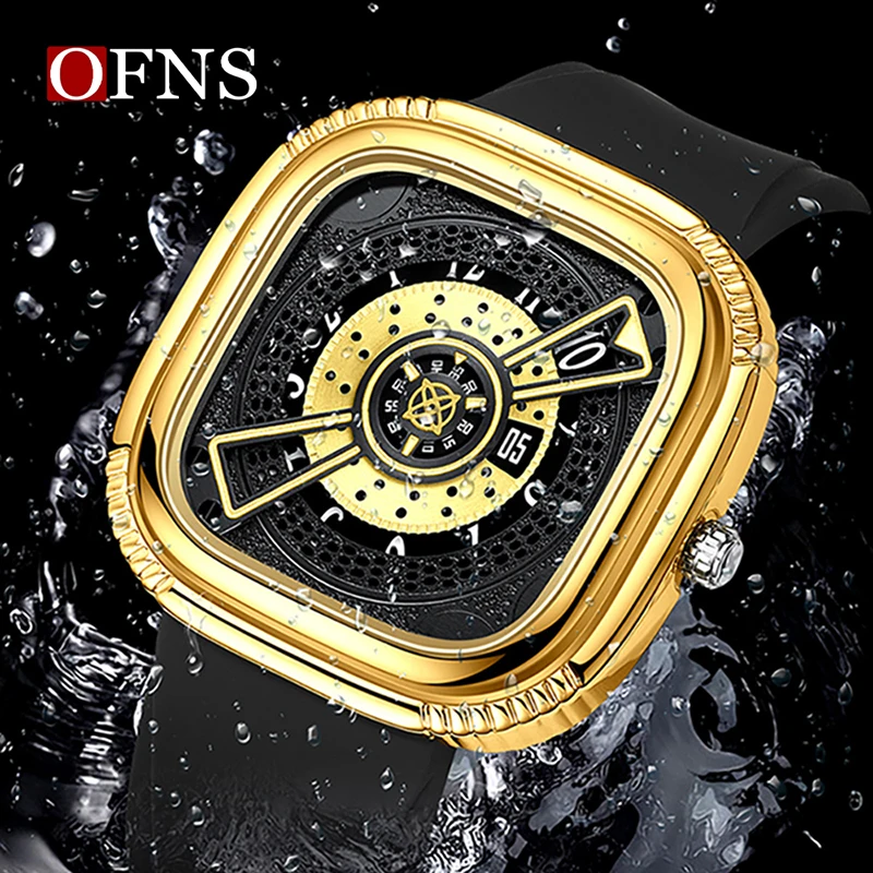 OFNS 1312 R square Gold Business Creative Pointer Men Watch Sport Quartz Timer Wristwatch High Quality Silicone Band Man Clock