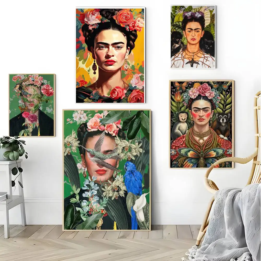 F-K-Kahlos Woman Flowers Art Poster Retro Kraft Paper Sticker DIY Room Bar Cafe Aesthetic Art Wall Painting