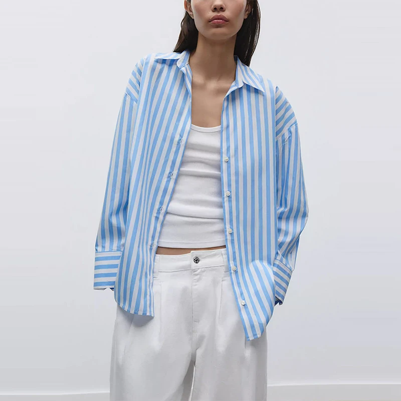 

Summer 2025 Women's Striped Cotton Long Sve Collar irt Loose Fit Commute Sle UV Protection Z Ladies irt