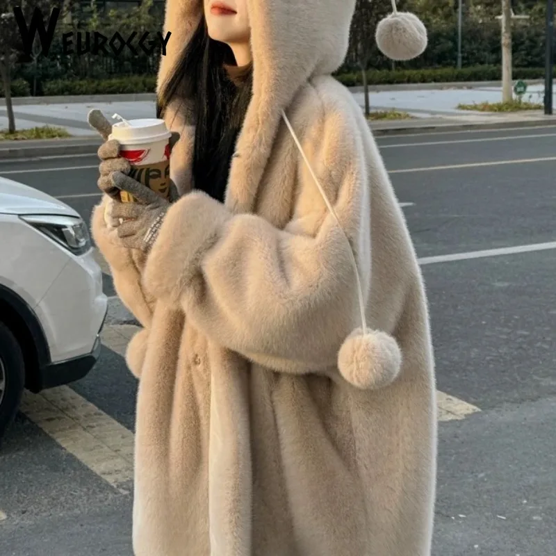 

Mid-Length Coat Women's Fur One Hooded Jacket 2024 Autumn Winter Thickening Casual Loose Versatile Fashion Trend Cardigan