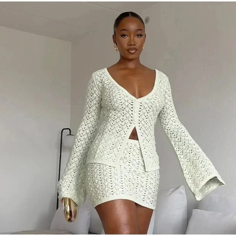 Sexy Knitted Hollow Out Solid Mini Skirt Set Women V Neck Long Flare Sleeve Buttons Cardigan Hip Package Skirts New Lady Outfits