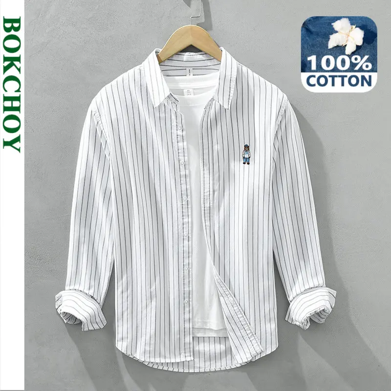 Spring New Embroidery Striped Shirts for Men Casual 100% Cotton Fashion Men Clothing C8859