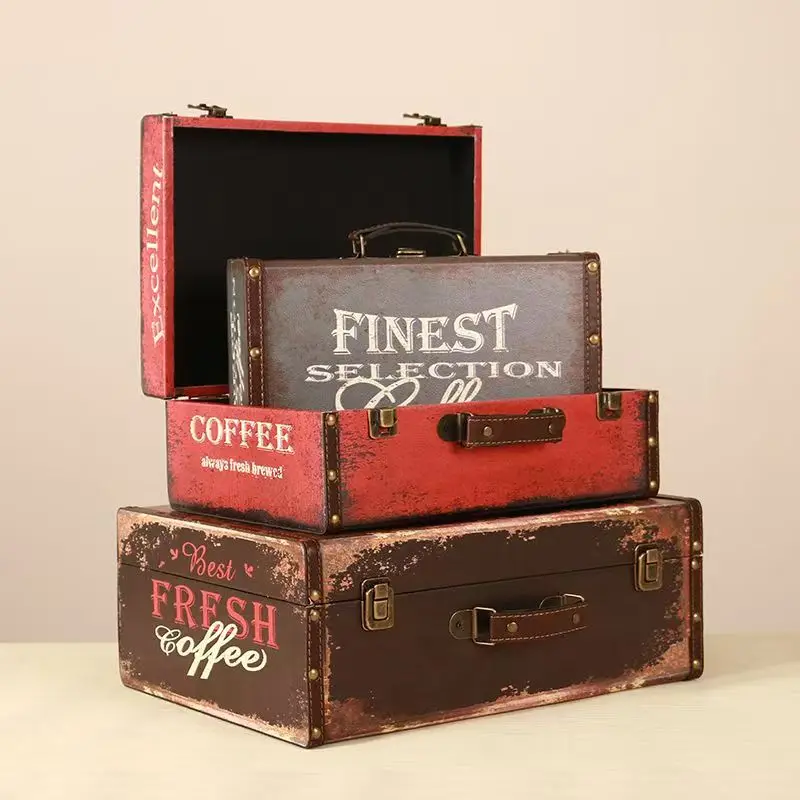 

European Vintage Hand-carried Wooden Storage Box Leather Suitcase Travel Photography Prop Tabletop Organization Box