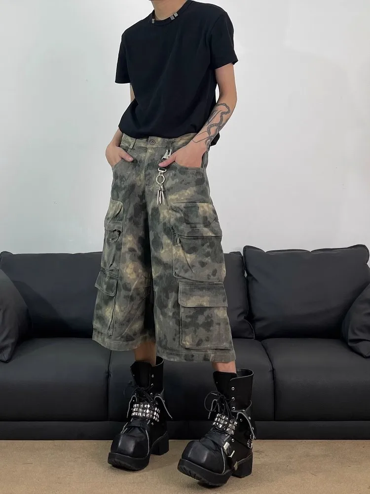 Retro American Camouflage Work Pants Men's Loose Hip Hop Seven-Foot Jeans Multi-Pocket Wear-Resistant Casual Trousers