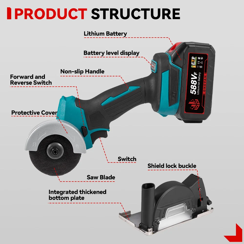 ONEVAN 76MM Brushless Electric Angle Grinder Electric Circular Saw Cutting Machine Power Tool For Makita 18V Battery Pin