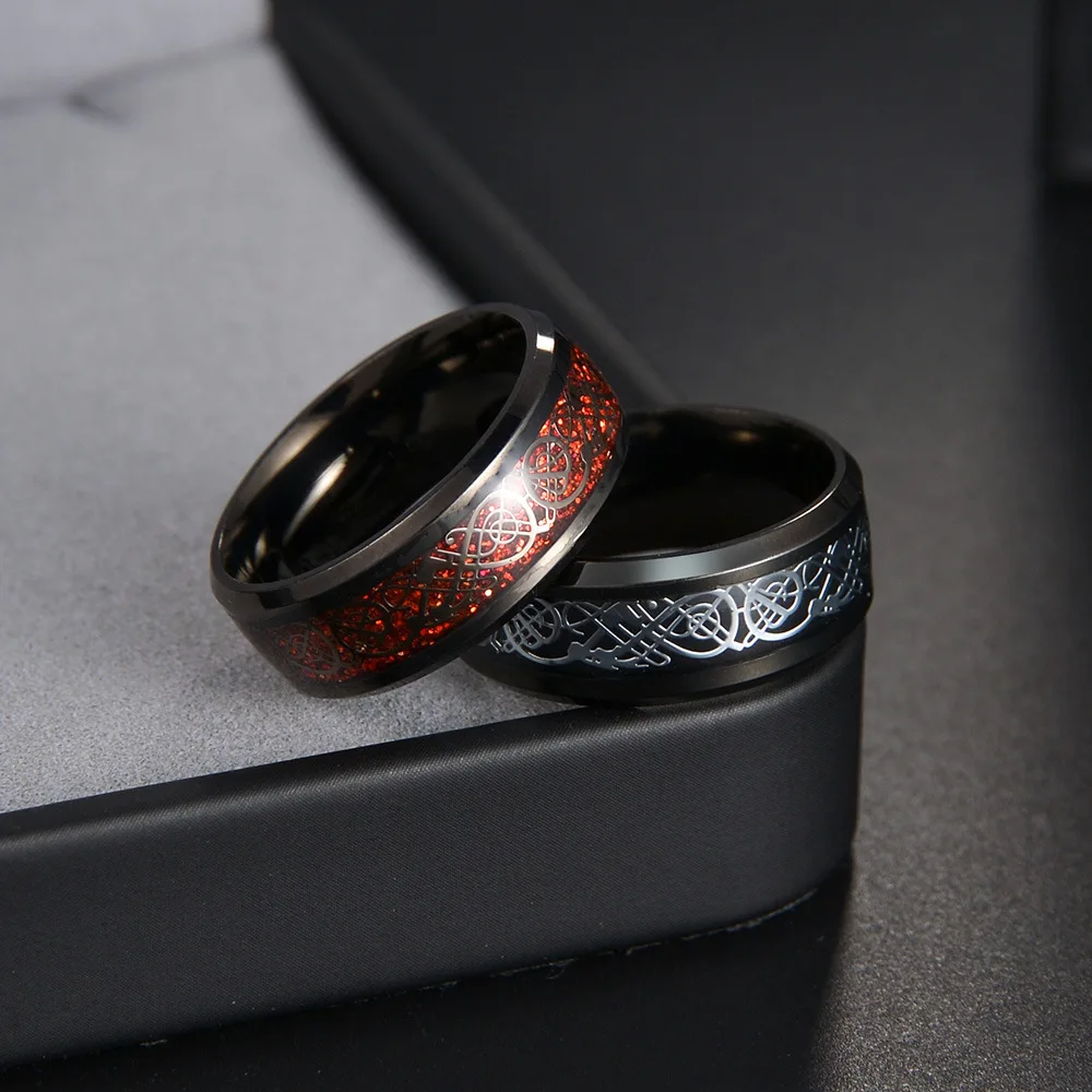 Fashion 8mm Men\'s Stainless Steel Dragon Ring Inlay Red Gold Black Carbon Fiber Кольцо Wedding Band Jewelry Size 6-12