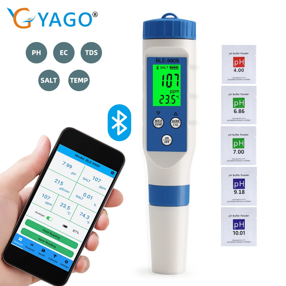 Digital PH Meter/Electrode Aquarium Water Quality Tester Thermometer PH/EC/Salinity/Temp/TDS Meter APP Control for Swimming Pool