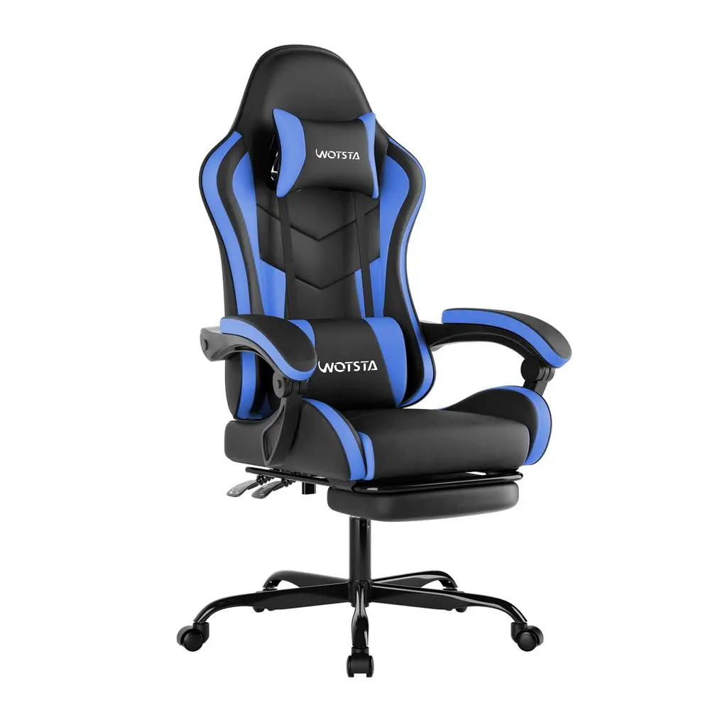 Gaming amp Office Chair, Footrest, Racing Design Black Blue PVC with headrest,lumbar, Adjustable Height recliner for adults 2DL