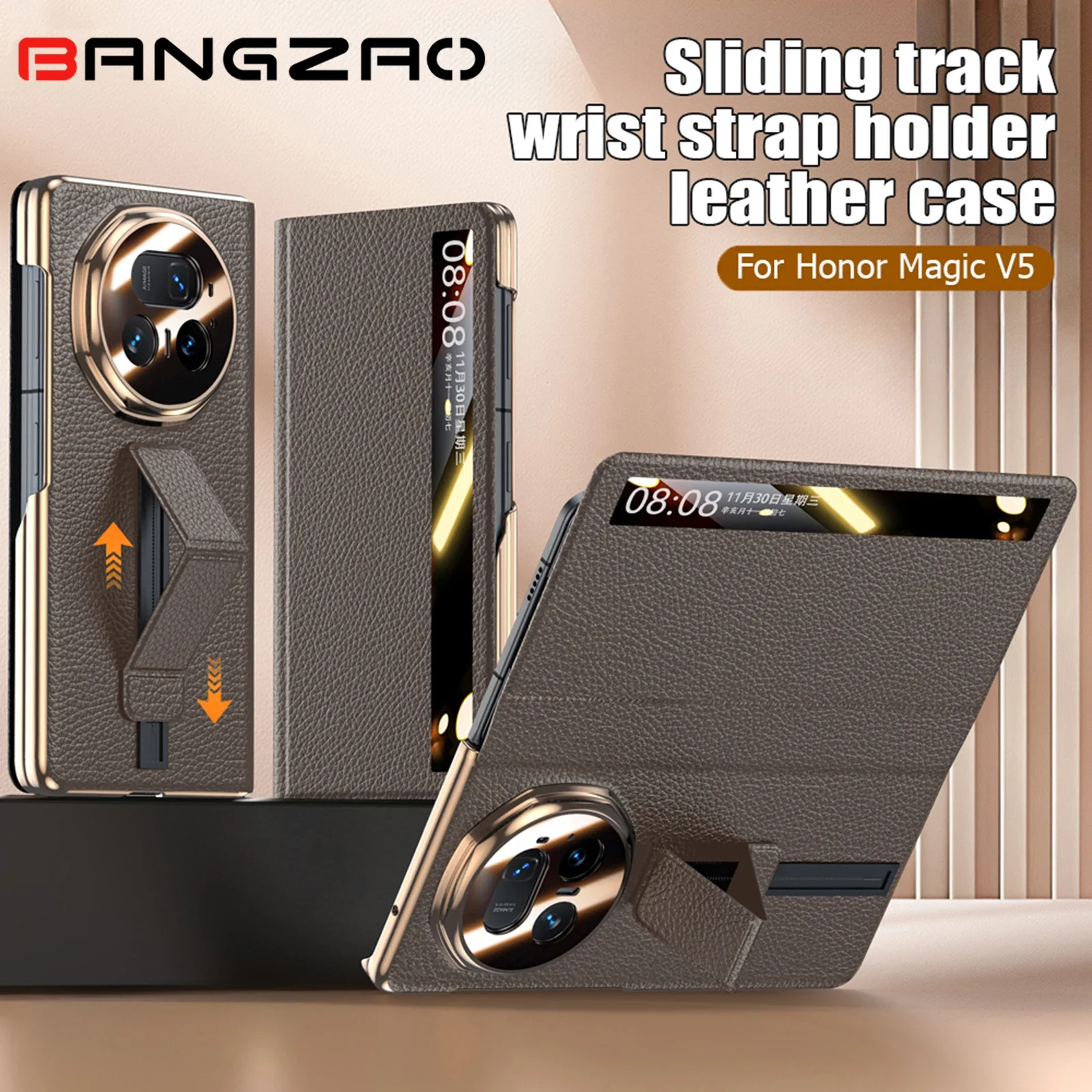 

Чехол для телефона Honor Magic V5, чехол из натуральной кожи, с ремешком на запястье, откидной чехол для защиты всего тела, коричневый