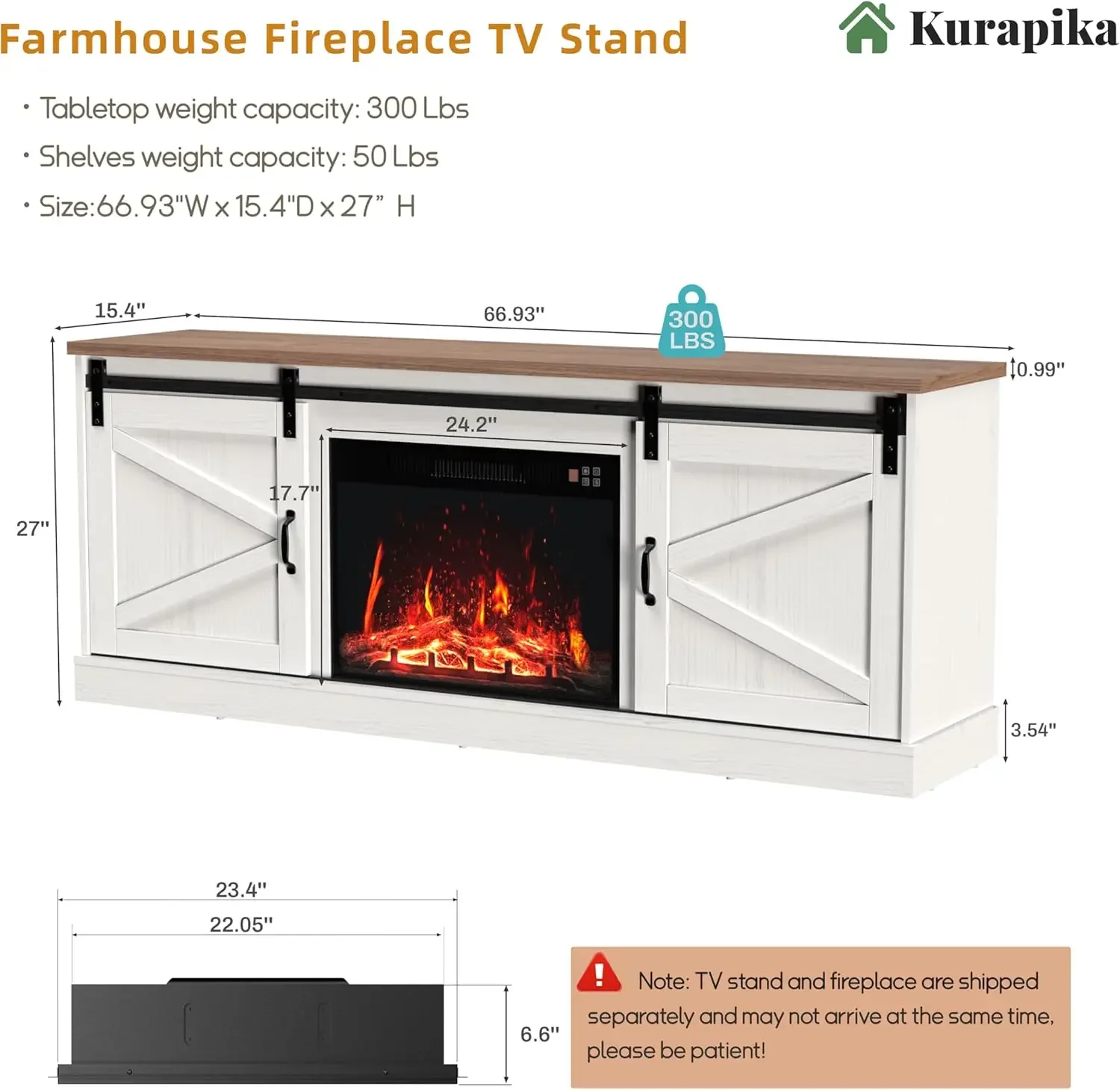 Kurapika Lareira TV Stand, Farmhouse Entertainment Center com 24 "Lareira, 67" Media Console armários para TV de até 75"