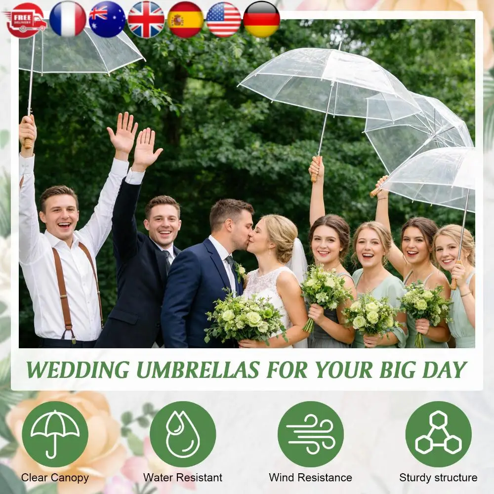 

Набор из 50 прозрачных ветрозащитных и водонепроницаемых зонтов для гостей на свадьбу, оптом, с бирками «Спасибо» и веревкой