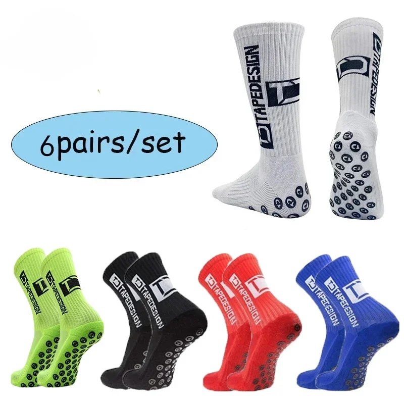 6Pairs/Lot New ANTI SLIP Tapedesign Football Socks Mid Calf Non-Slip Soccer Sport Cycling Sports Mens Sock EU38-44