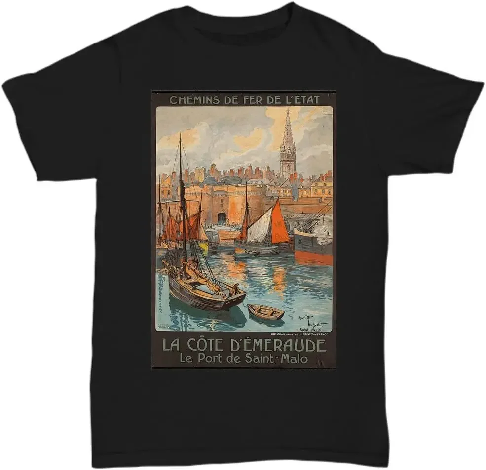 La Cote d'Emeraude - Port of Saint Malo - Vintage French Railway Travel Poster - Tees Y2K tops Unisex Summer Short Sleeve