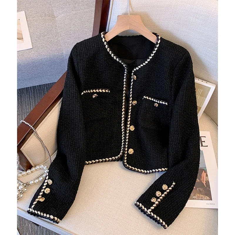 

New Cropped Black Tweed Jacket Women Vintage Suit Quilted Coat Winter Short Blazer Ladies Korean Elegant Thick Outerwear Tops