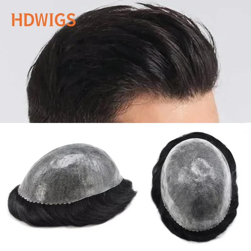 ISKIN Men Toupee With Knots Full PU 0.12-0.14cm Men's Capillary Prosthesis Real Indian Human Hair Wig Natural Human Hairpiece