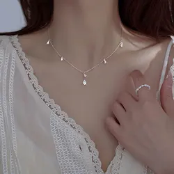 New 925 Sterling Silver Droplet Necklace With Sparkling Zircon Pendant Tassel Collarbone Chain Wedding Jewelry Bridesmaid Gift
