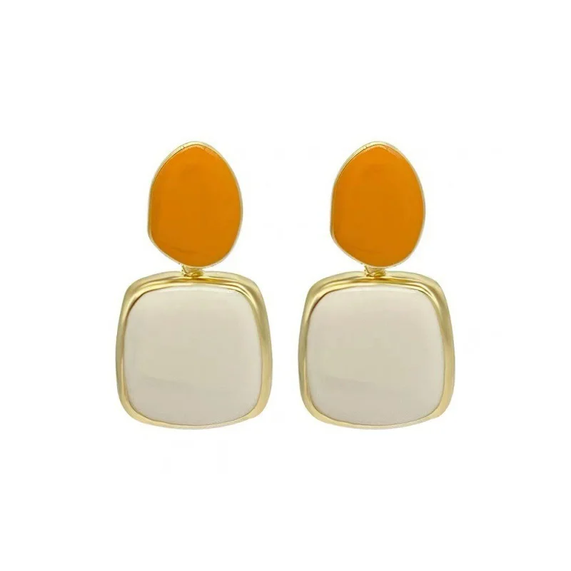 New Orange White Dropped Glaze Geometric Earrings for Women Small Design Sense Advanced Earrings Simple Versatile Style