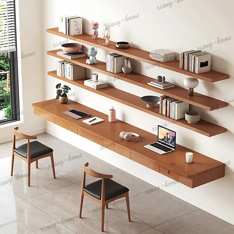 YJ Modern Solid Wood Wall-mounted Floating Desk with Bookshelf Nordic High-end Long Computer Table Study Bedroom Furniture FYFD