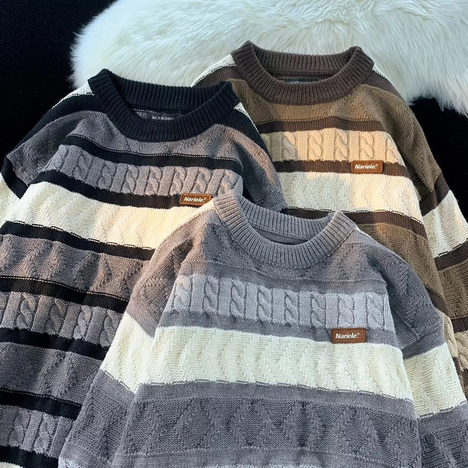 

Men's Oversized Knitwear een Stripes American Retro Design Sweater Autumn Winter Large Size A250 Pou Vintage Feeling