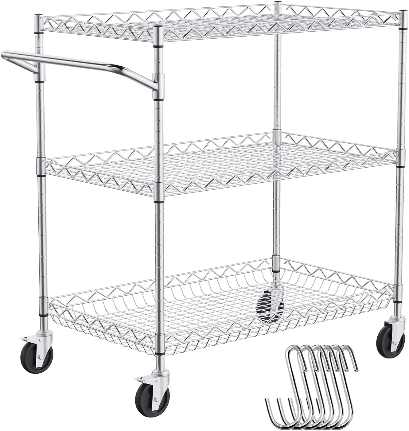 

3-Tier Rolling Kitchen Cart with Adjustable Shelves, 661 LBS Capacity, Wheels & Hooks for Storage