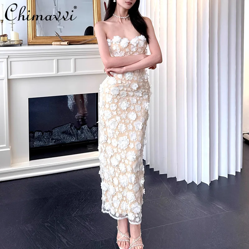 

French Style 3D Floral Embroidery Beach Vacation Dresses Elegant Sexy High Waist Strapless Long Bodycon Dress for Women Summer