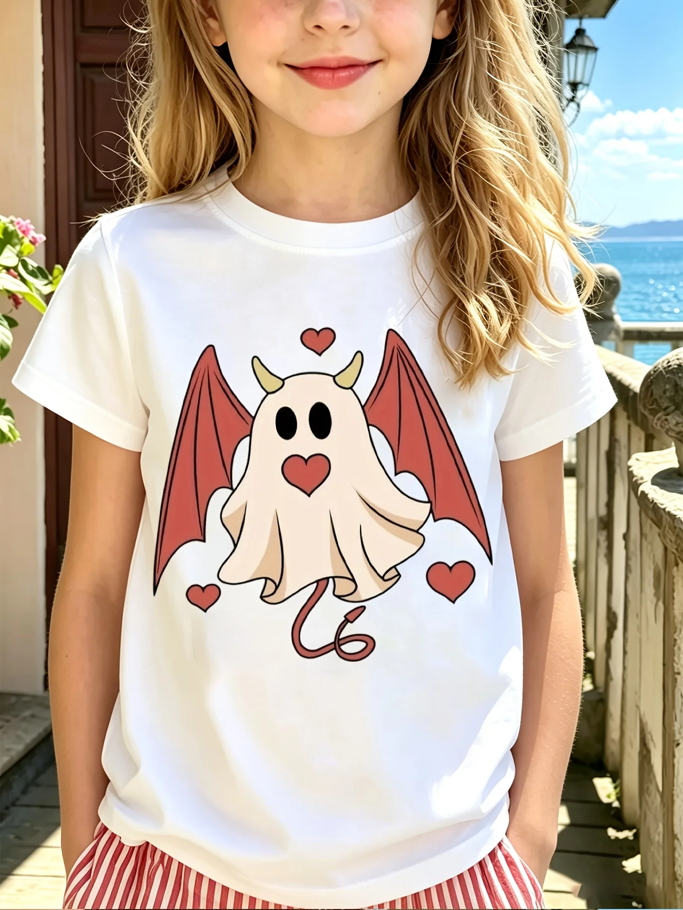 Kids Boys Girls Family Matching T Shirt Halloween Cute Devil Ghost Heart Wings Graphic Print Short Sleeve Crew Neck Daily Tops