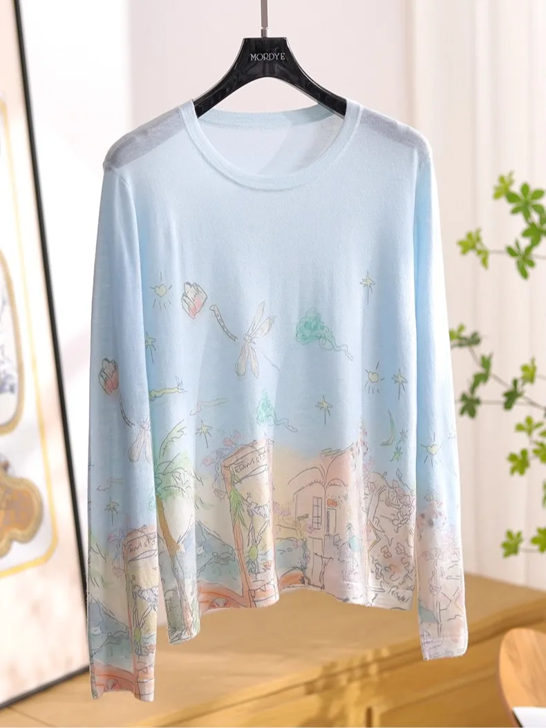 

100% растворимый тонкий шерстяной свитер с длинным рукавом для женщин, осень 2025, дышащий, мягкий, с мультяшным принтом, базовый слой, тонкий шерстяной свитер