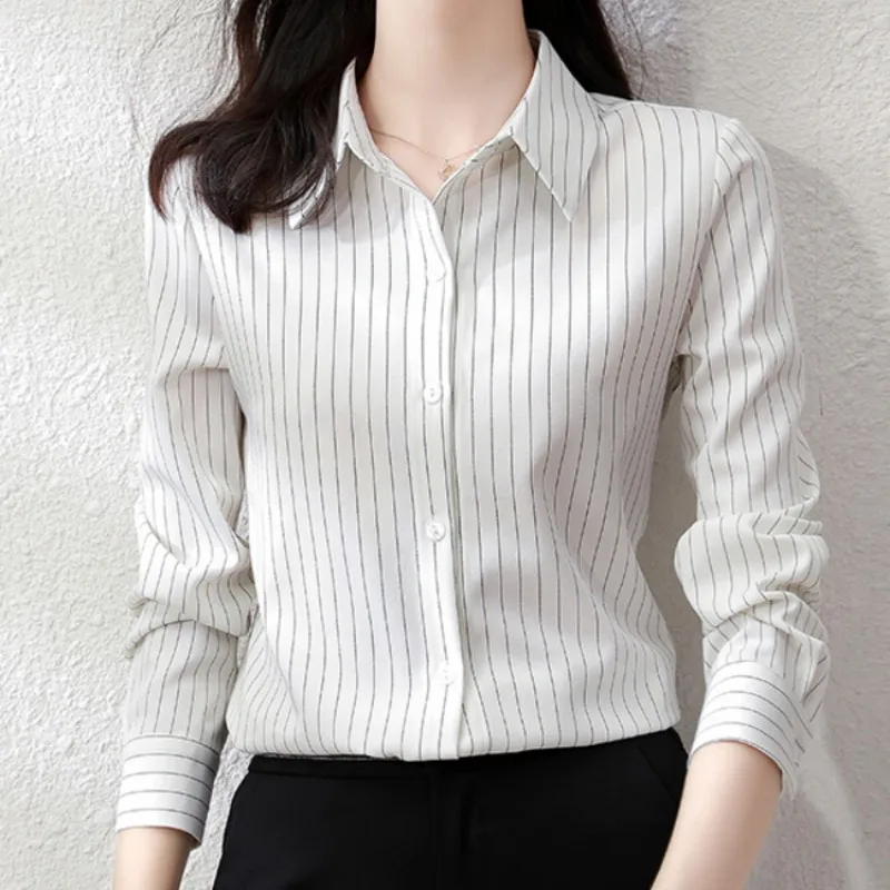 Striped Women Shirt Fashion Female Clothing Long Sleeve Blouse Button Up Shirts Womens Tops Basic OL Chiffon Blouses for Women