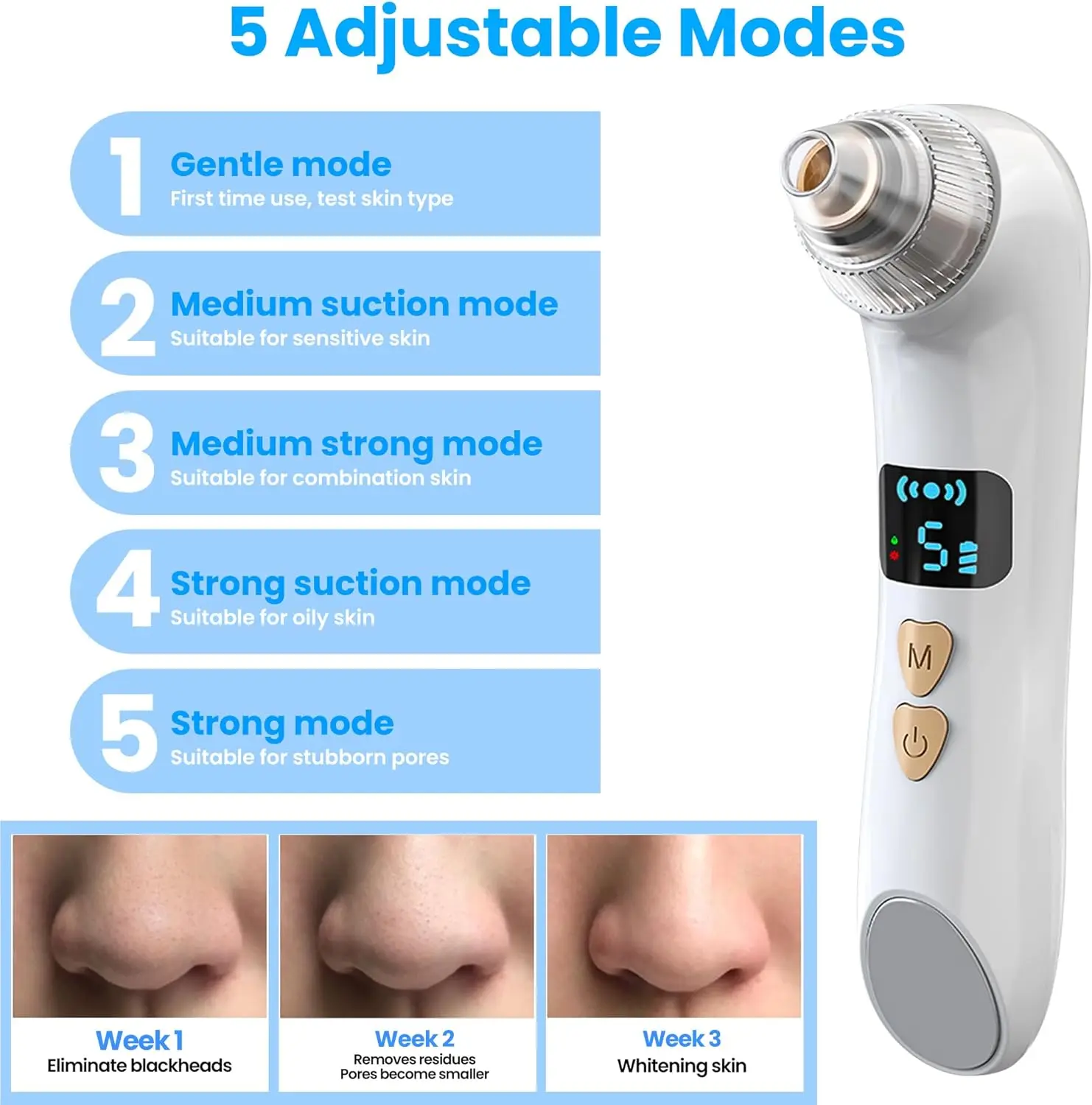 Aspirapolvere per la rimozione dei punti neri con display a LED, 6 sonde sostituibili, 3 modalità di riscaldamento, 5 livelli di aspirazione, adatto per donne e uomini