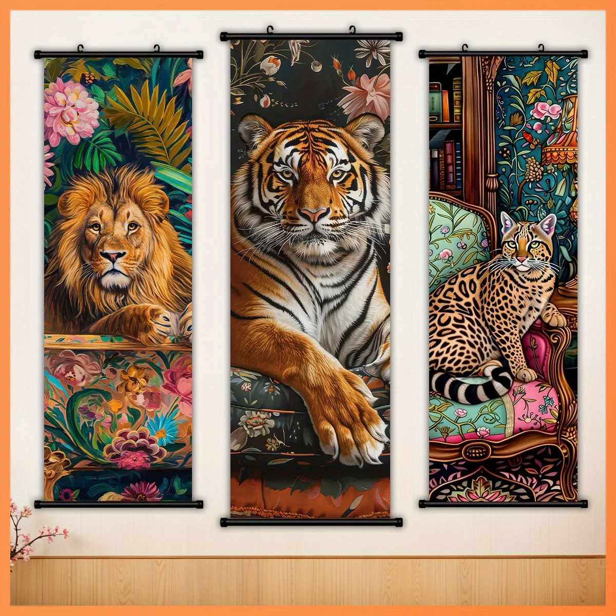 Vintage Flower Lion Tiger Leopard Cat Scroll Tapestry HD Non Fading Wall Hanging Scroll Painting Room Decoration