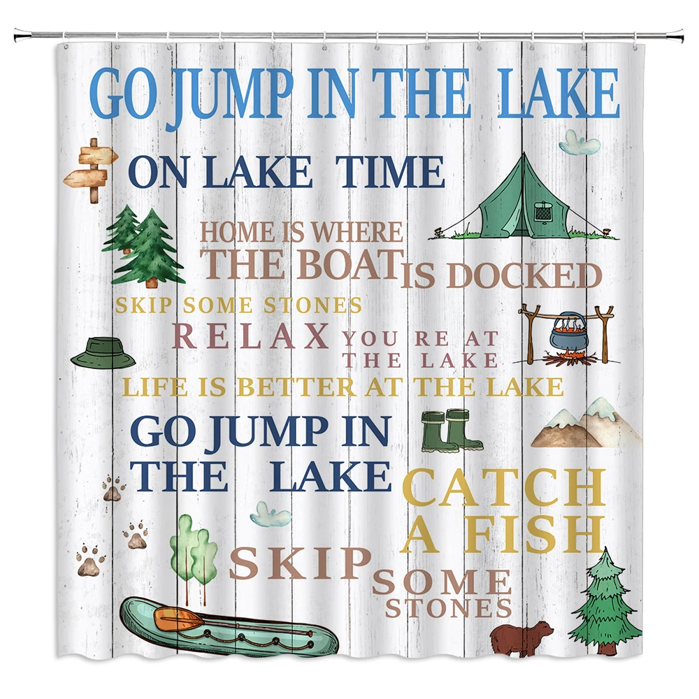 Lake Time Shower Curtain Camping Rules Bear Vintage Wooden Board Farmhouse Rustic Cabin Bathroom Decor Fabric Bath Curtains